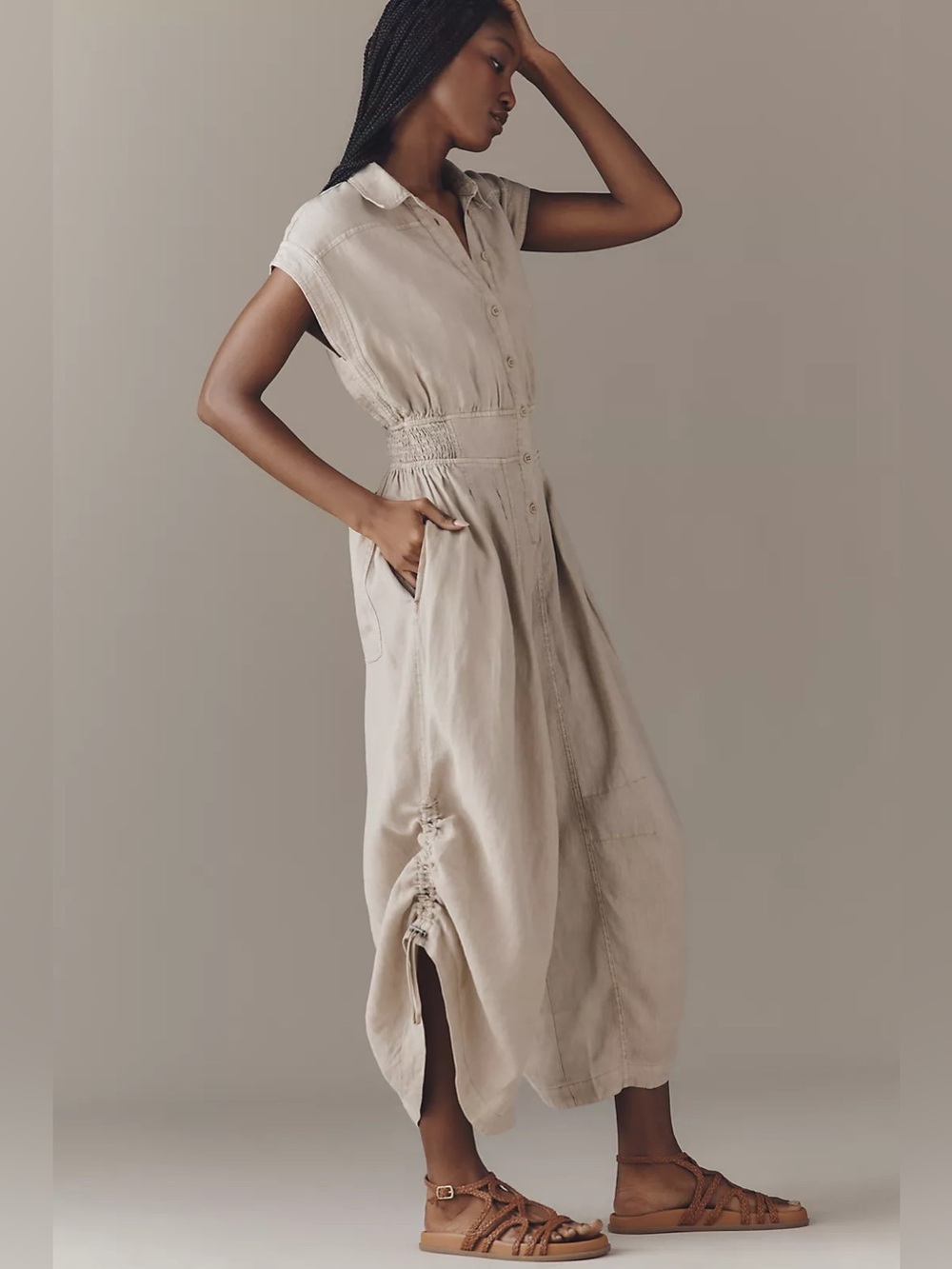Anthropologie Beige Sleeveless Button-Front Wide-Leg Jumpsuit - Picture 4 of 10